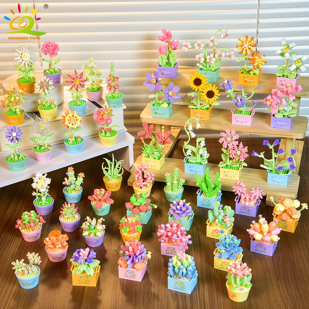 

HUIQIBAO MOC Flower Succulent Potted Model Building Block DIY Eternal Bouquet Home Desk Plant Decor Brick Girl Gift Children Toy
