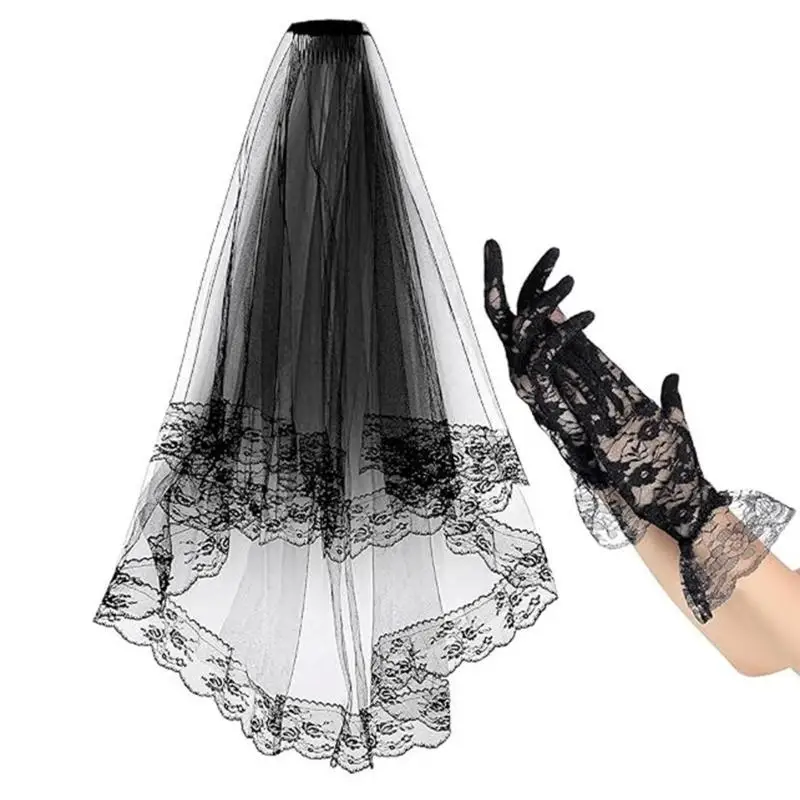 31BB Alluring Halloween Costume Accessories with Black Lace Veil and Soft Gloves Cosplay Headpieces Party Headwear for Women