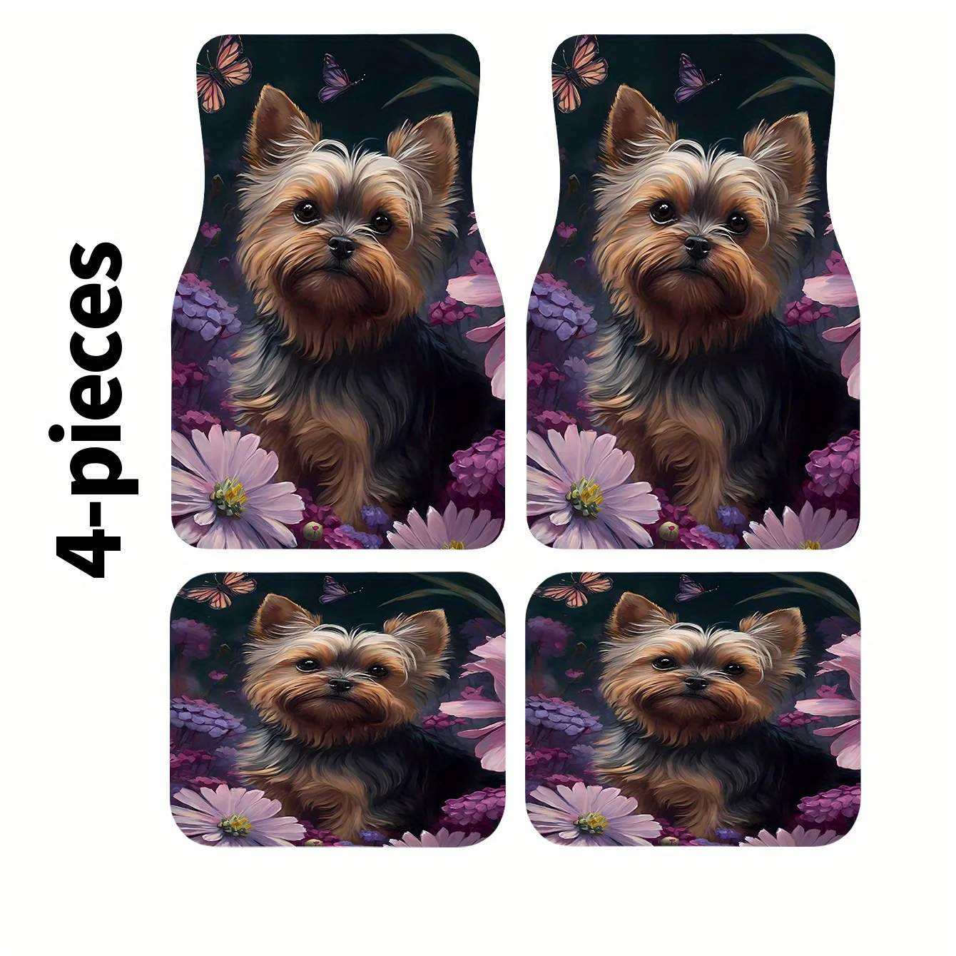 4pcs Yorkshire Terrier In Flower Field Pattern Trendy Car Mats, All-Season, Stylish & Durable, Easy To Clean, Universal Fit Car
