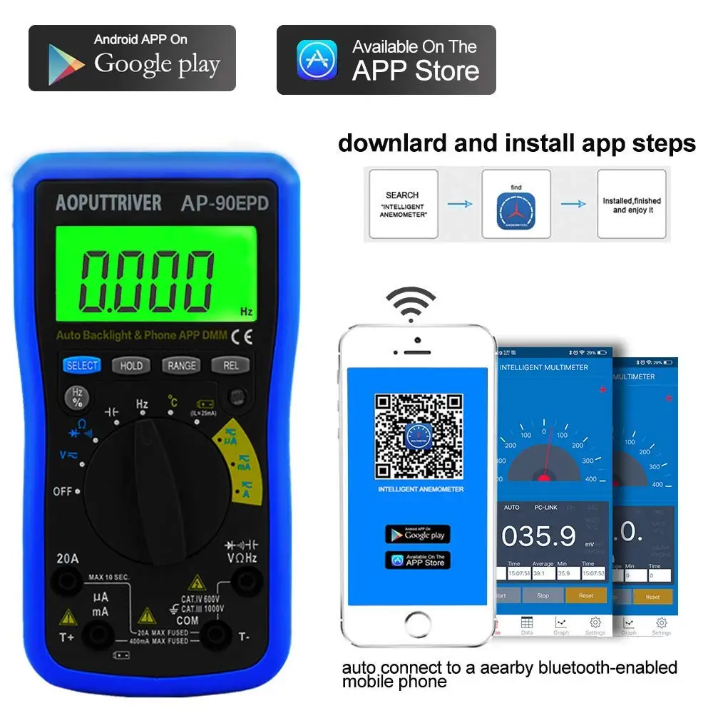 

Digital Multimeter, App Dataset, 4000 Meters Auto Ranging Measurement AC/DC Voltage and Current/Resistance/Capacity/Temperature