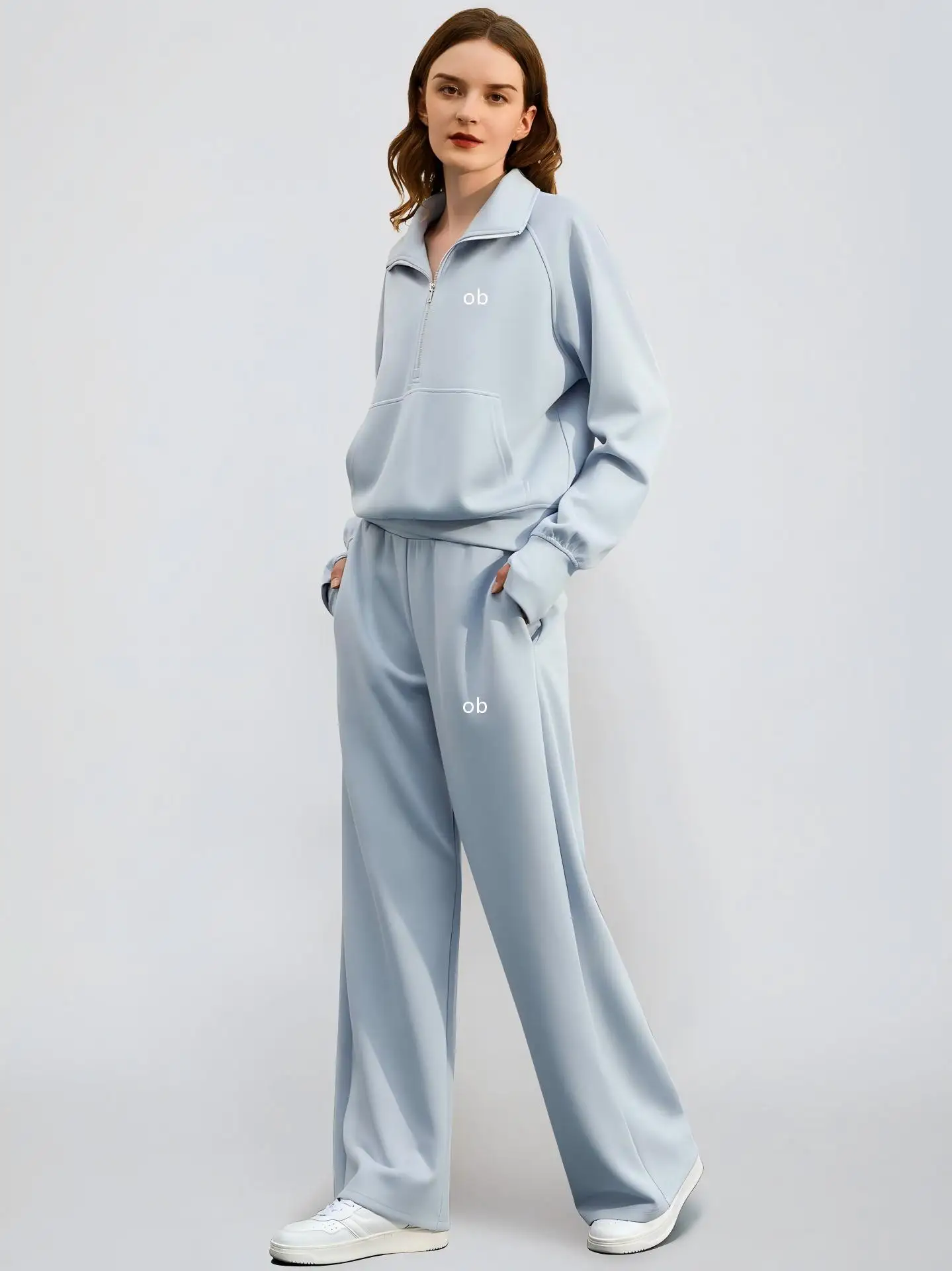 2026 New Style Fashion Women's Retro Two-Piece Set with Extra Large Half-Zip Sweatshirt and Wide Leg Sweatpants for Casual Wear view 4