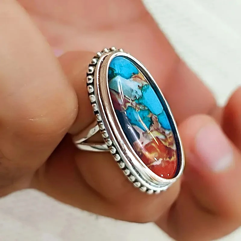 Huitan Vintage Women Ring Big Oval Stone Pattern Sticker Anti Silver Color Party Daily Accessories Low-key Elegant Metal Jewelry