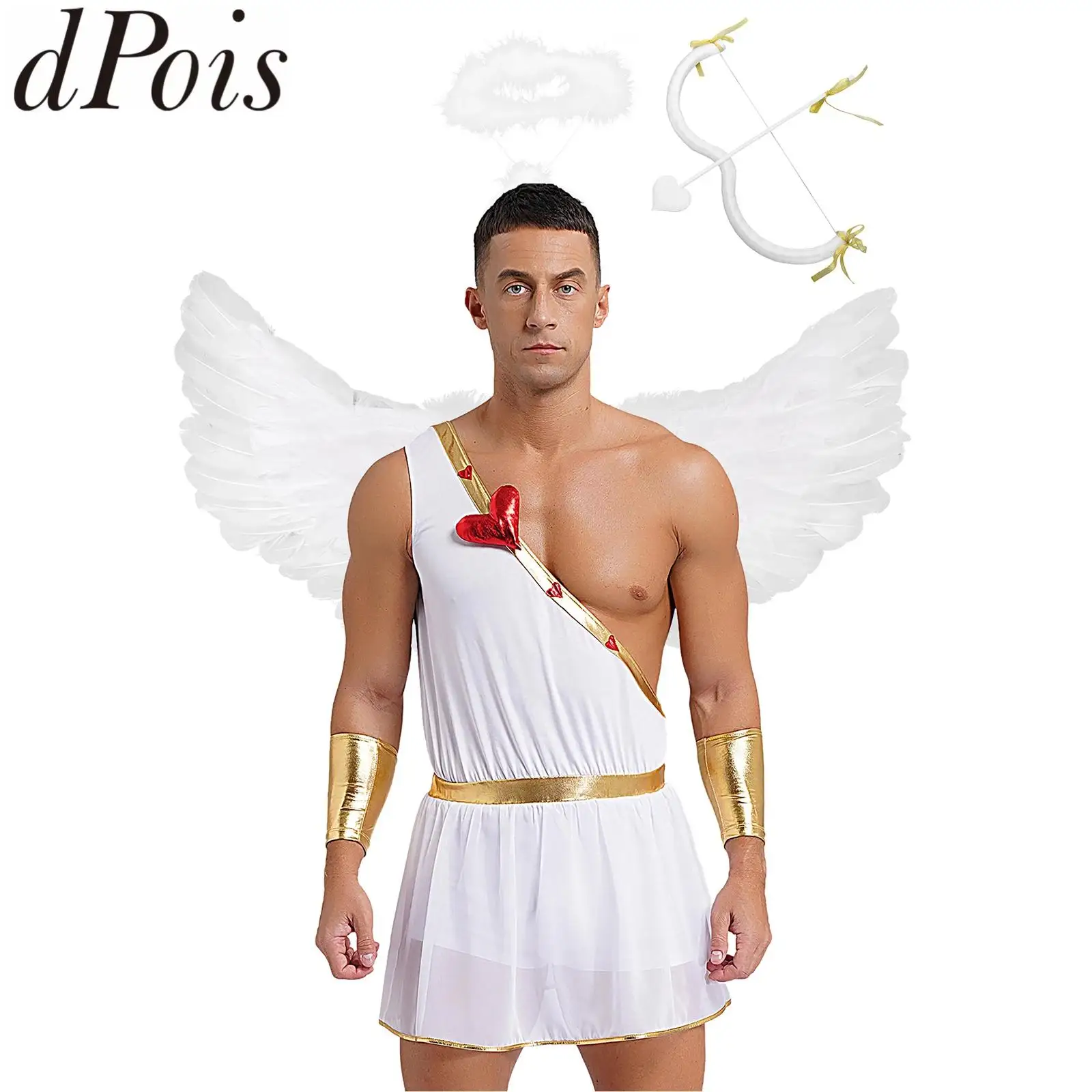 Disfraz de Cupido para hombre, disfraz de Dios del Amor, disfraz de Anime, pelele con forma de corazón, alas de Ángel y plumas, Aro para el pelo, traje de película de Halloween