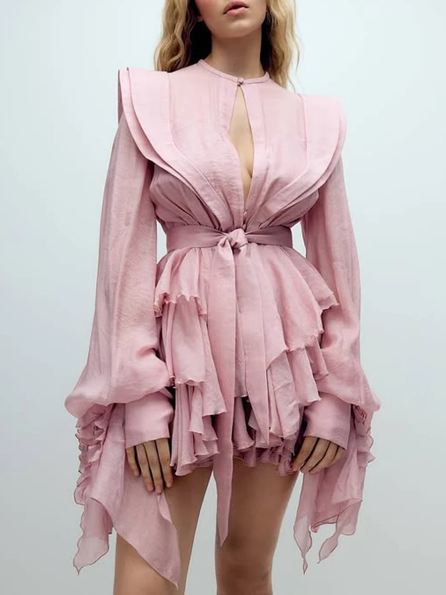 VGH Hollow Out Slimming Spliced Folds Mini Solid Dresses For Women Round Neck Long Sleeve High Waist Temperament Dress Female
