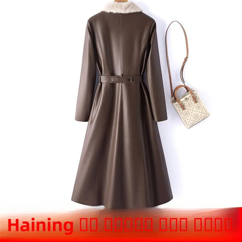 Winter New Sle Women's Slim Fit Long Du down Jaet Fur Collar Leather Coat Warmth against Cold Mid-Length Commute Sle