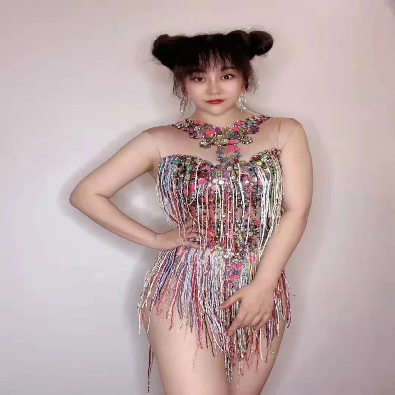 Sexy Kwastje Multi-color Pailletten Turnpakje Stadium Slijtage Nachtclub Bar DJ Gogo Dans Kostuum Paaldansen Prestaties Fringe bodysuit
