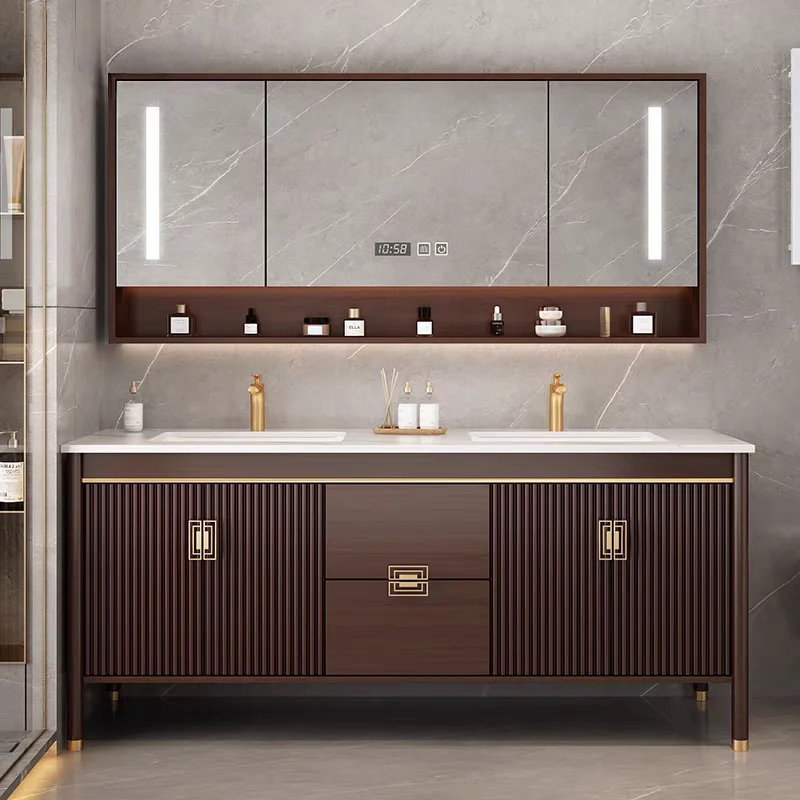 

Oak solid wood bathroom cabinet, toilet face wash hand basin, rock slab seamless basin