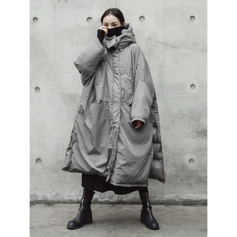 

HUISONG Hooded Cotton-padded Gray Big Size Long Warm Coat Long Sleeve Loose Fit Women Parkas Fashion Autumn Winter 2025 5udipy