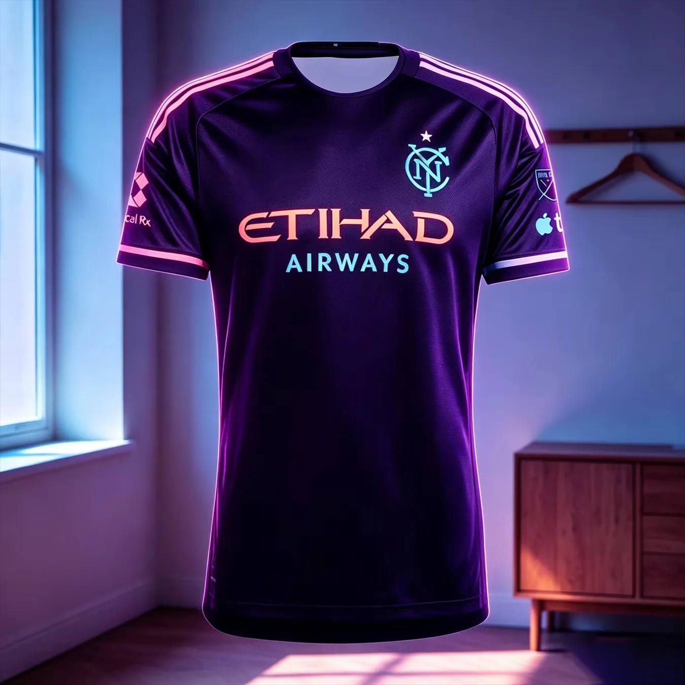 Herren NYCFC Schwarzes Auswärtstrikot mit Etihad Airways-Print, schnelltrocknend, kurzärmelig, Rundhalsausschnitt, Fußball-Fan-Trainings-Sport-T-Shirt – Detail 3