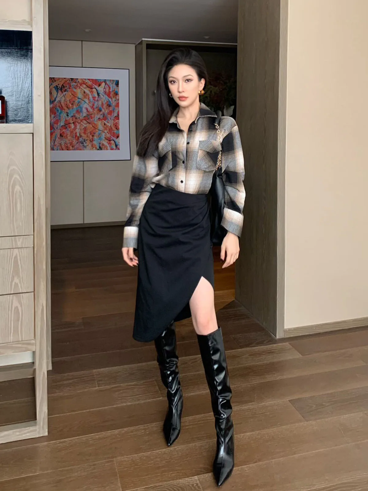 

Casual Sle Asymmetrical Side Slit Skirt Slimming Color Autumn Winter Faion Women's mid Waist A-Line Skirt