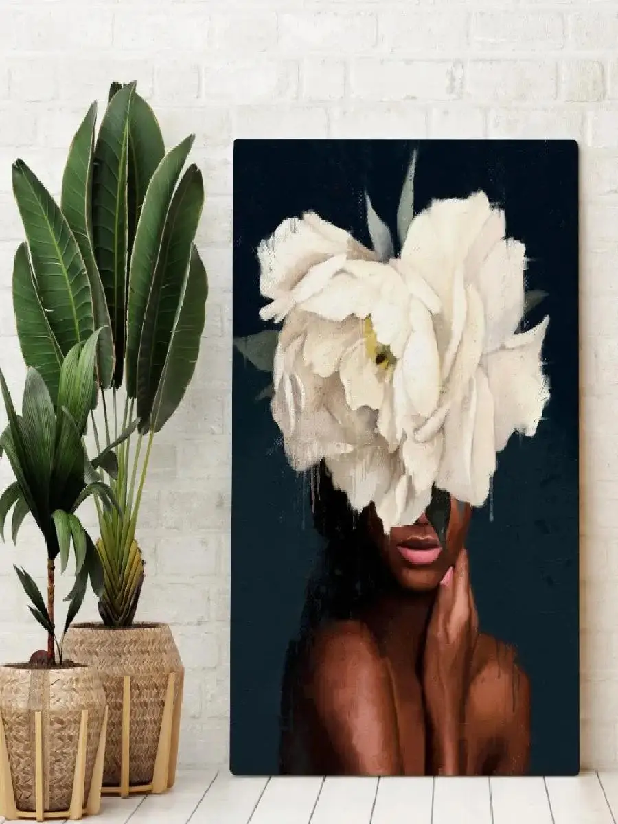 Elegant African American Woman with Floral Head Poster  Sexy Black Girl Canvas Painting Wall Art for Living Room Home Decor Mura