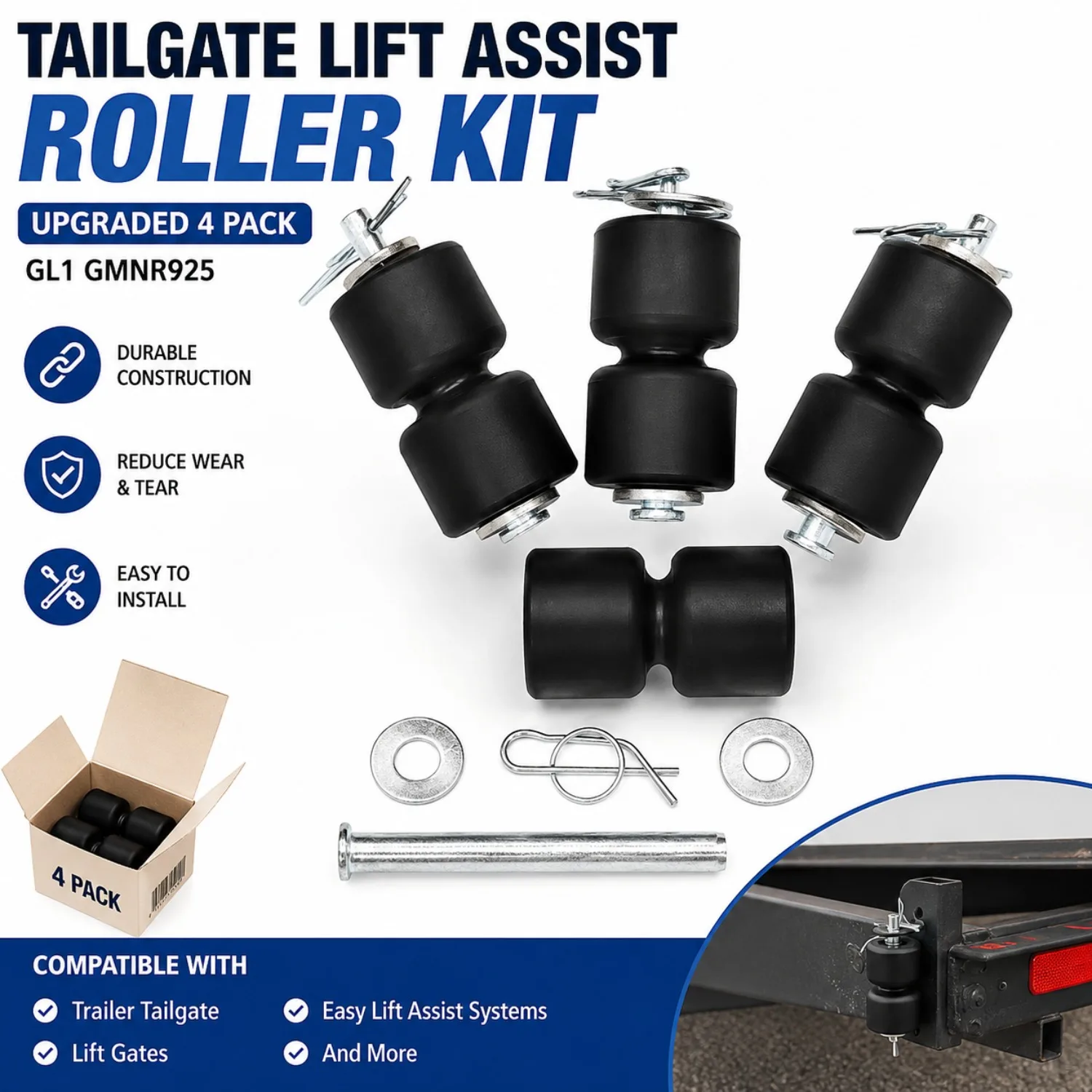 Compatible with GL1 GMNR925 Trailer Tailgate Lift Assist Rollers,4PCS Replacement Roller Kit with Pins Rings for Easy Lift Gate