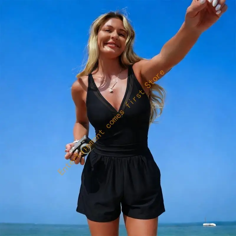 Elegant Deep V Neck Monokini Swimsuit With Side Pockets Stretchy Nylon Bathng Suit For Pool And Outdoor Activity 55KD