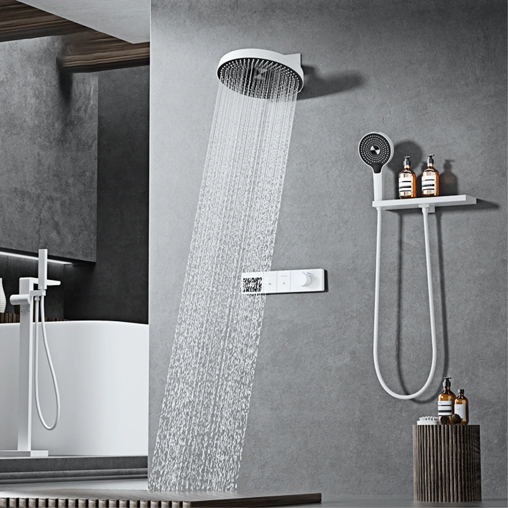 Luxury wall mounted brass gun gray shower system with hidden design LED digital display dual control bathroom faucet