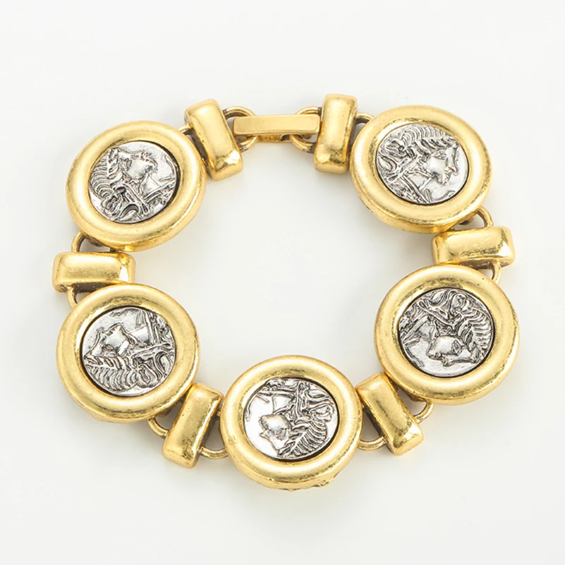 Vintage-Schmuck, Porträt-Armbänder mit antiken Münzen für Damen, rund, 18 Karat Goldfarbe, luxuriöses, hochwertiges Geschenk, Retro-Accessoires