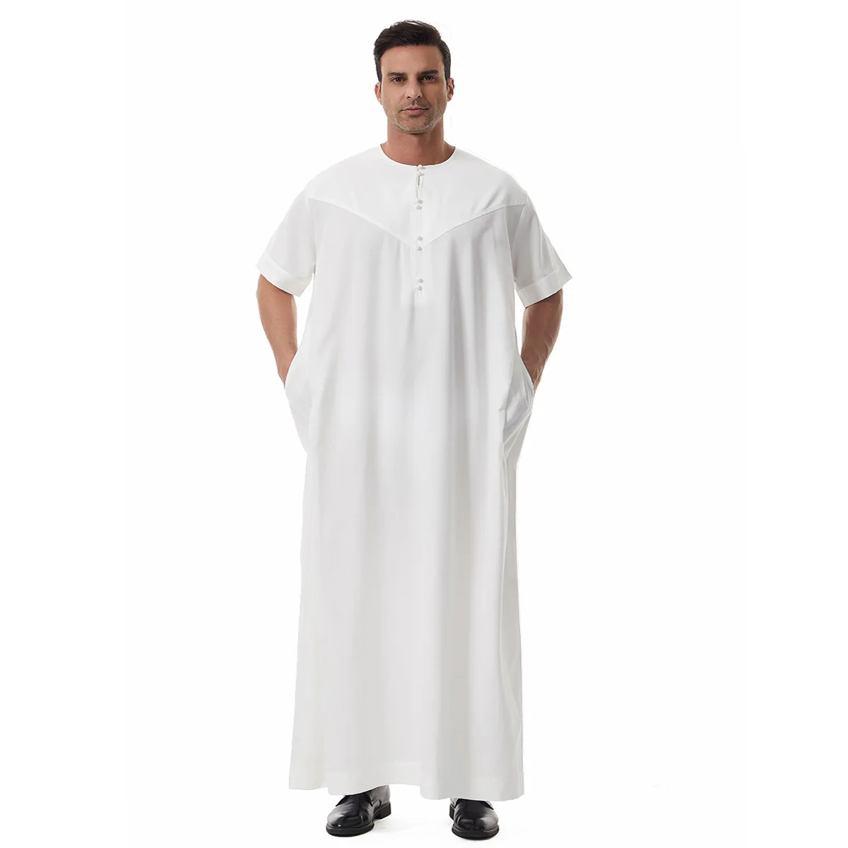 Abito arabo da uomo Abito musulmano Abaya Dubai Manica corta Turchia Caftano Abbigliamento islamico Ramadan Jubba Thobe Daffah Dishdasha Saudi