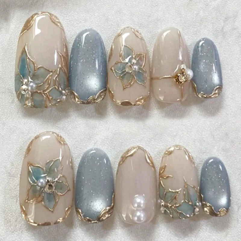 

24Pcs Irregular Gilded Flower False Nails Rhinestone Pearl Wearable Press on Nails Full Cover Mid-length Almond False Nails Tips