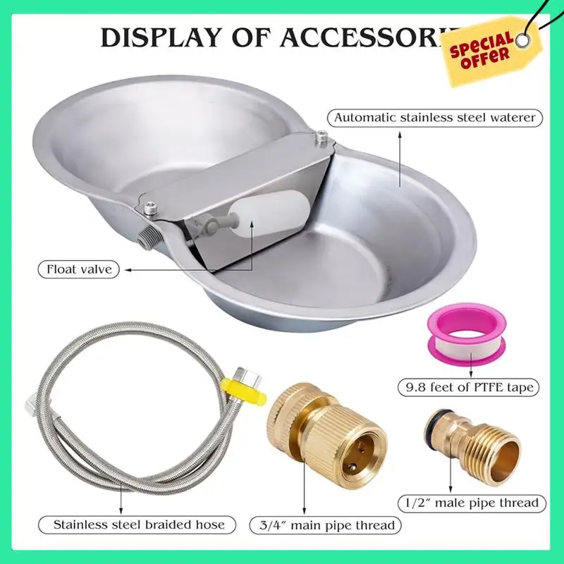 

-A14E 2 Gallon Large Automatic Large Dog Water Dispenser Float Valve Kits Animals Waterer Trough Stainless Steel Bowl