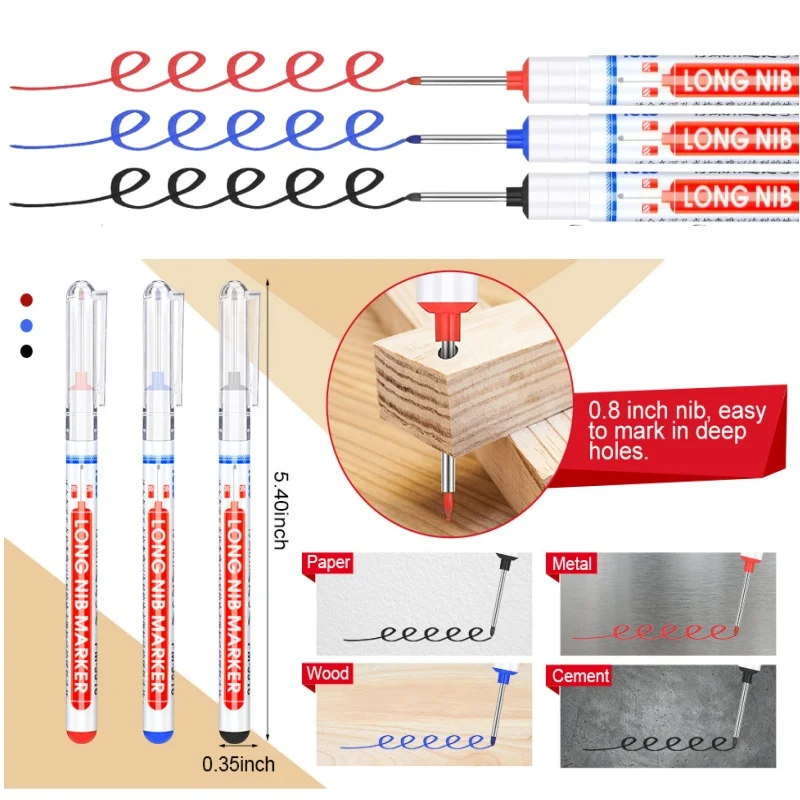 10Pcs/Set Multi-Purpose 20mm Deep Hole Long Nib Head Marker For Metal Perforating Pen Waterproof Bathroom Woodworking Decoration