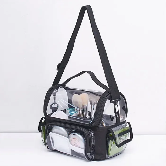 Waterproof PVC Makeup Artist Storage Bag Black Removable Transparent Partition Cosmetic Case Fashion Unisex Single Shoulder Sack