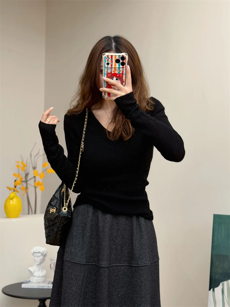 

Женский тонкий шерстяной свитер с V-образным вырезом и длинными рукавами, эластичный, модный, для делового и повседневного стиля