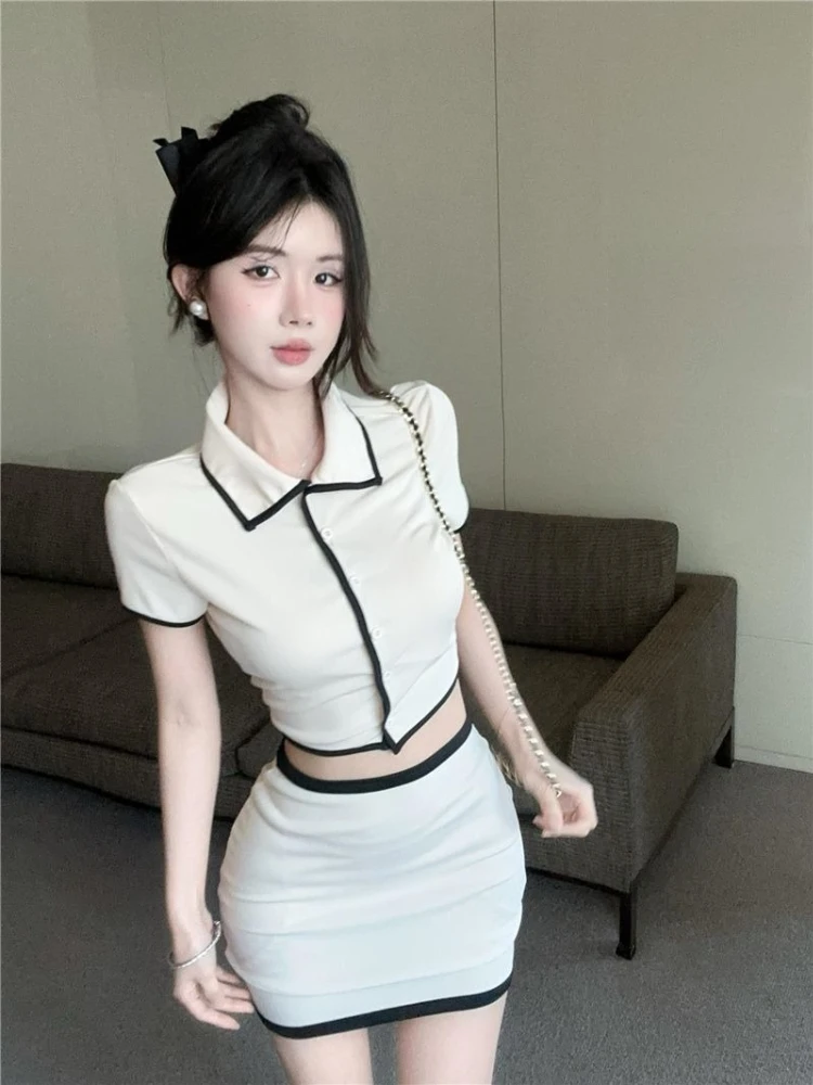 Small fragrant style contrasting color two-piece set women's summer laple collar single breasted top hip hugging short skirt