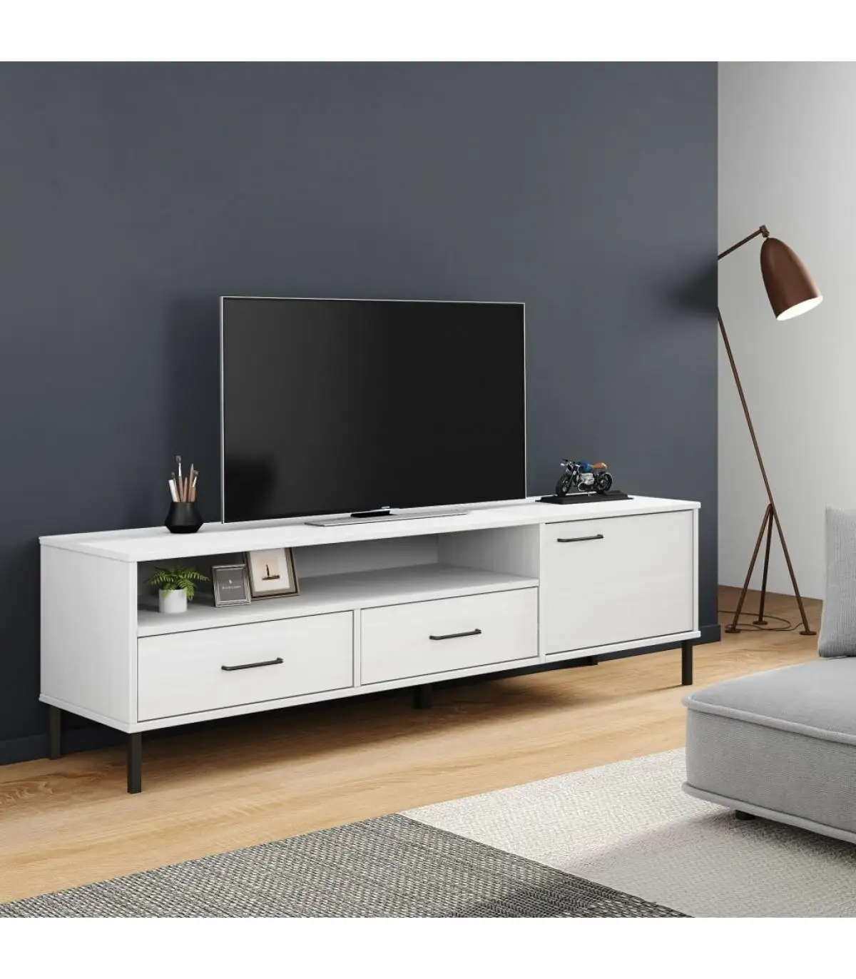 Furniture TV furniture with metal legs OSLO solid wood pine White