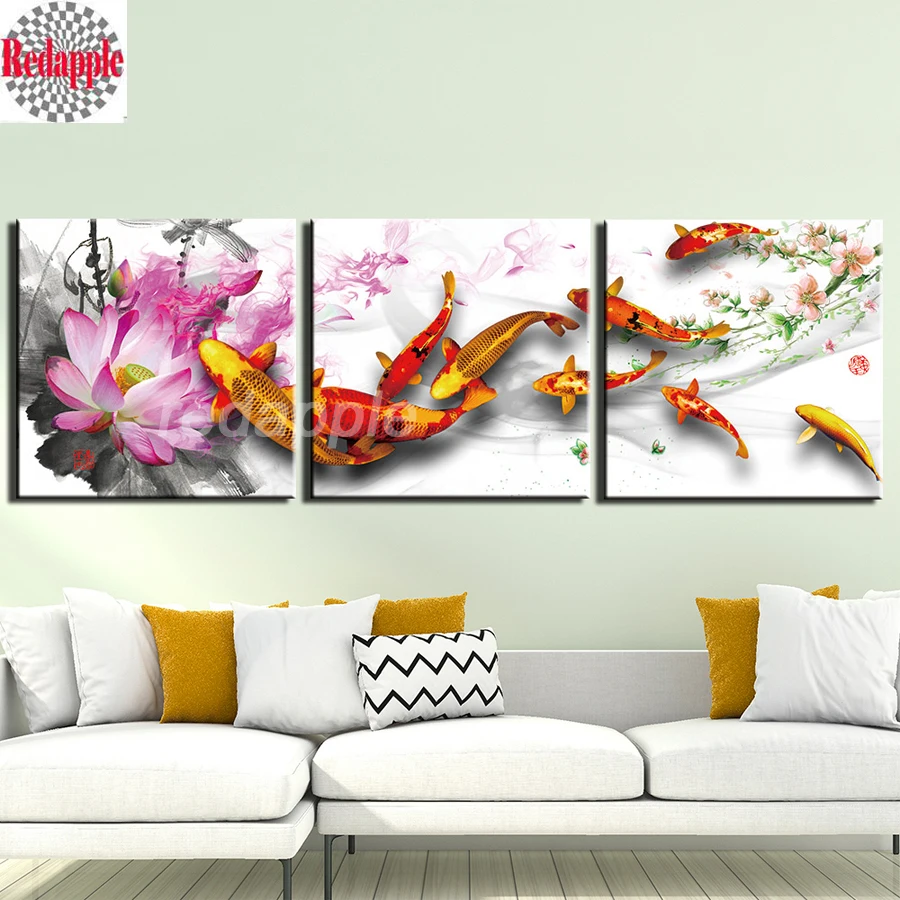 

3 Pcs diamond Painting Wall Art diamond embroidery koi Chinese Nine Fish Paintings mosaic cross stitch Lotus Living Room Decor