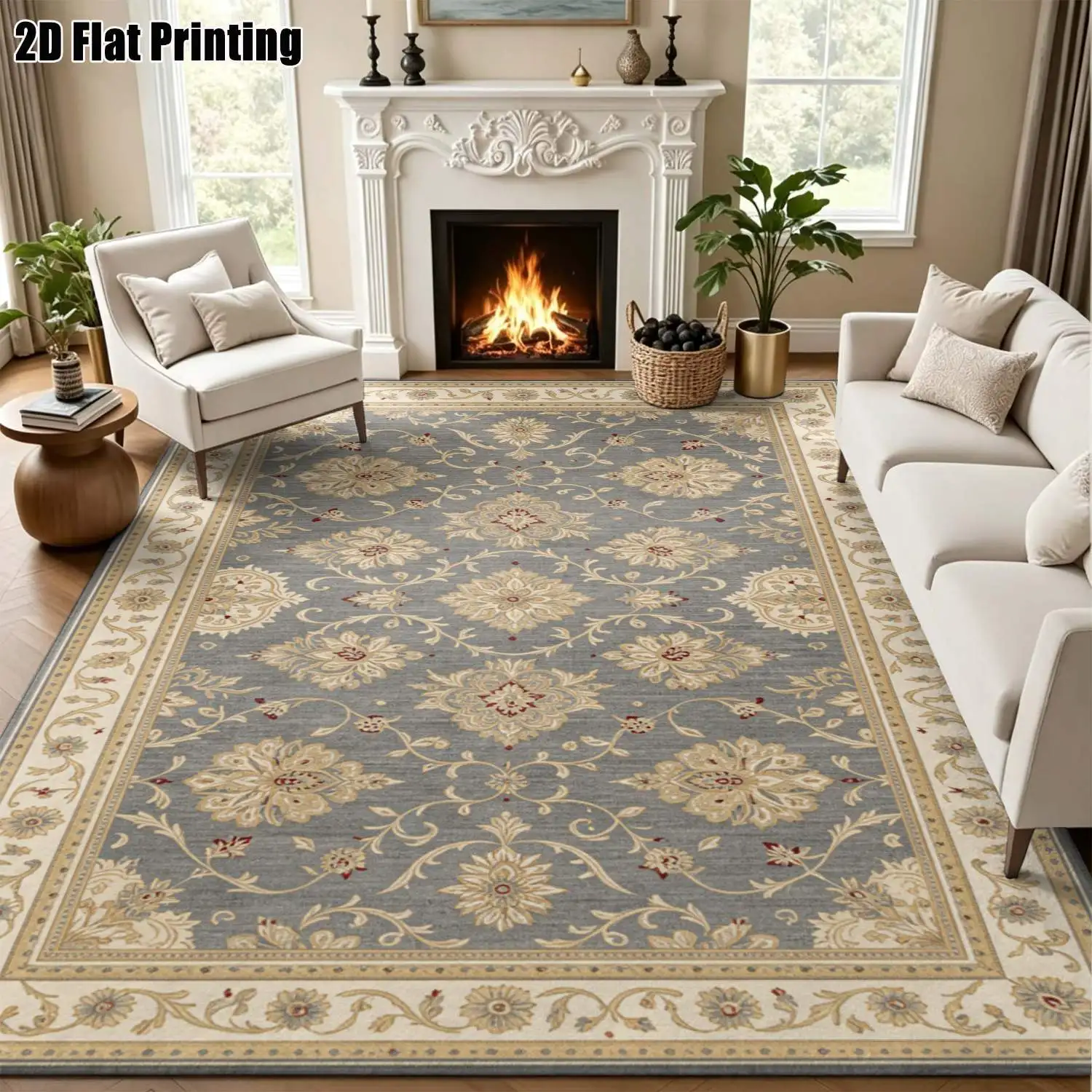 1Pc 2D Printed Carpet: Blue-Grey Retro Floral, European/Vintage/Bohemian/Geometric Styles Machine-Washable, Multi-Size, Home Decor for Entryway, Living Room, Bedroom, Dining Room, Foyer.