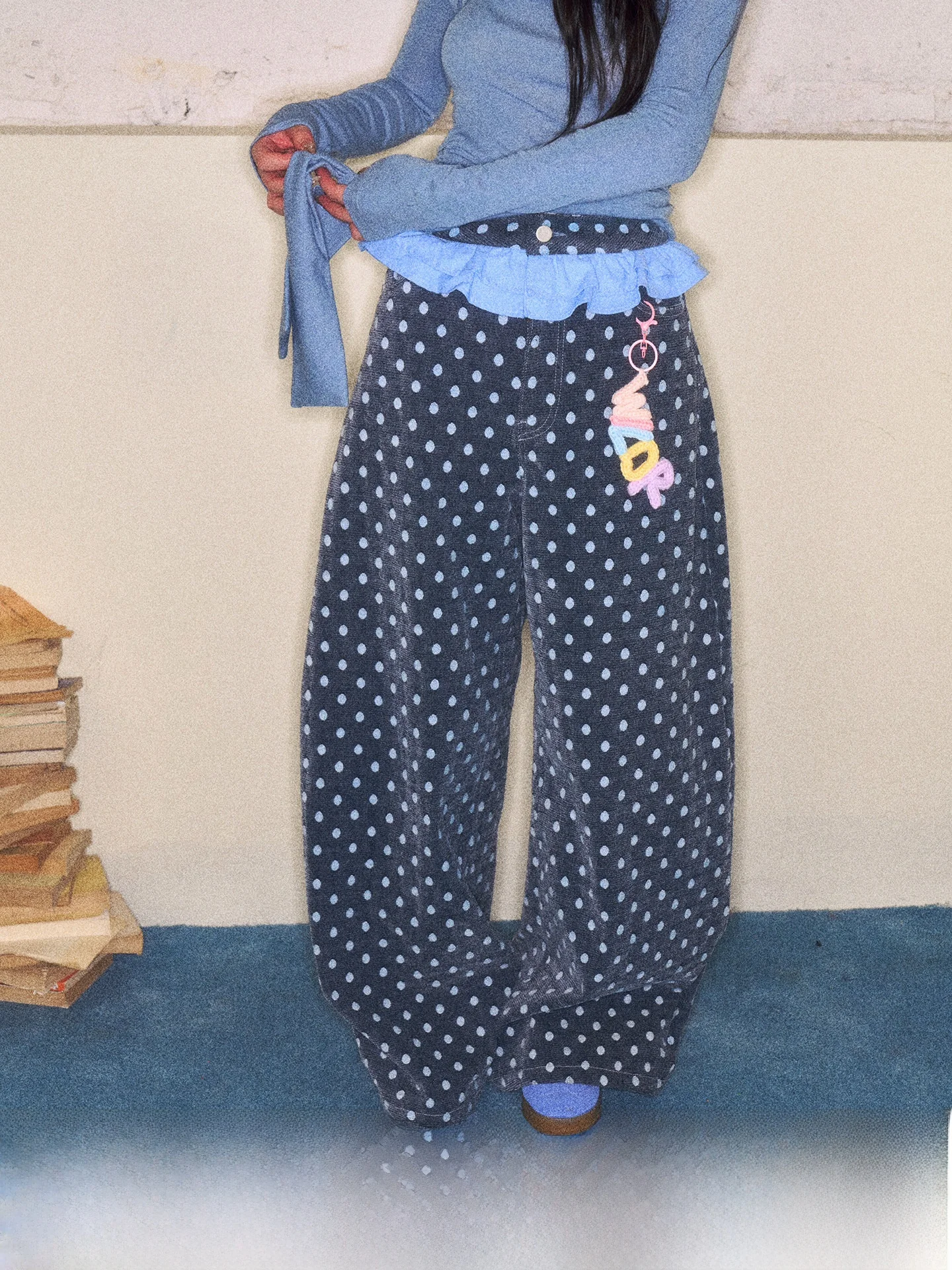 

Джинсы женские Alice Blue с широкими штанинами в горошек, зимние, повседневные, с высокой талией, свободного кроя, без стрейча