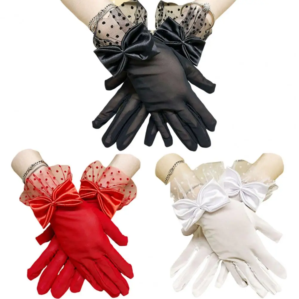 1 Pair Women Prom Gloves See-through Lace Bow Decor Fishnet Ruffle Edge Full Finger Performances Bride Wedding Gloves 결혼식 장갑