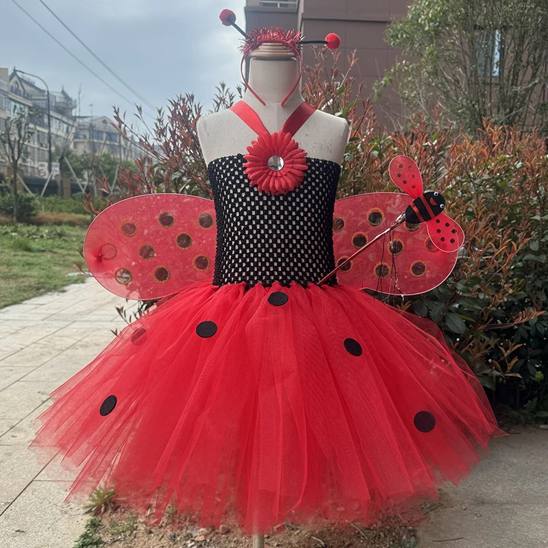 Girls Ladybird Tutu Dress Dots Flowers Girl Fancy Dress Insect Red Bug Cosplay Costume for Kids Halloween Carnival Party Clothes