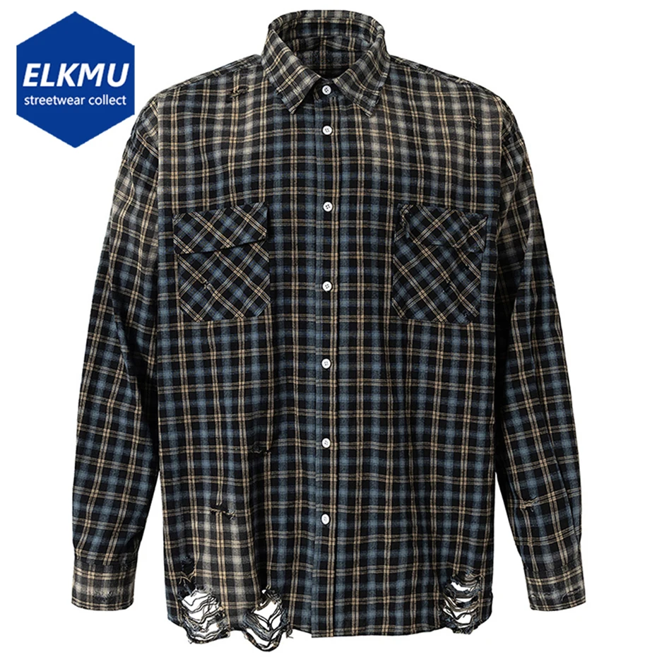 

Vintage Plaid Shirts Men Streetwear Harajuku Oversized Hip Hop Shirts Button Up Blouse Loose Ripped Shirts
