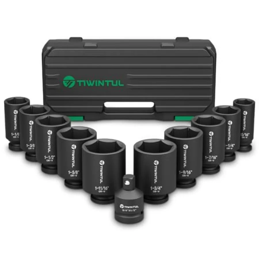 

11Pcs Axle Nut Socket Set 1/2 Drive SAE Impact Socket 15/16 to 1-3/4 CR-MO 3/4 to 1/2 Adapter 6-Point Design Heavy Duty Socket