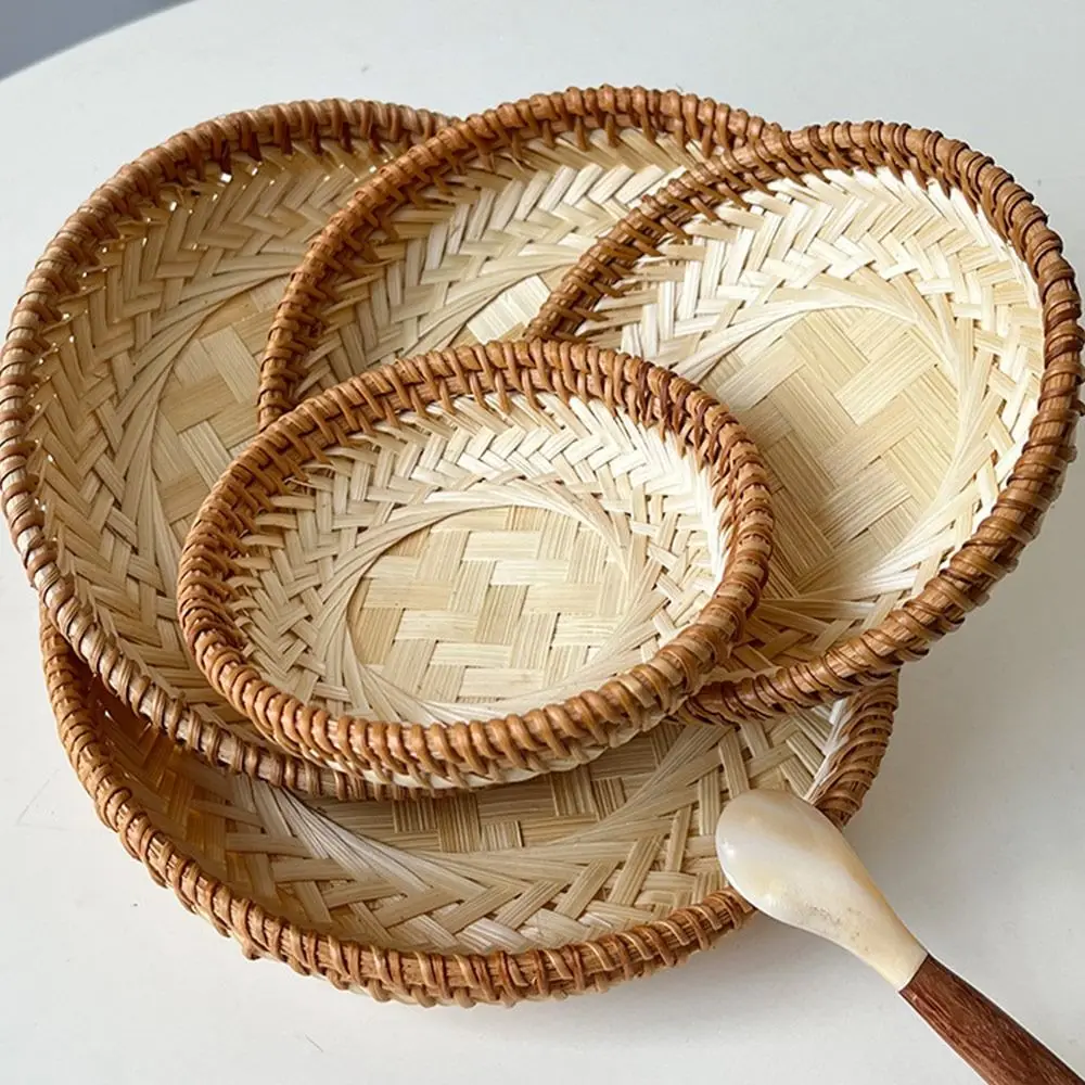 Round Storage Basket Brown&Beige Bread Fruit Display Platter Woven Vegetables Candy Snacks Kitchen Organization Basket