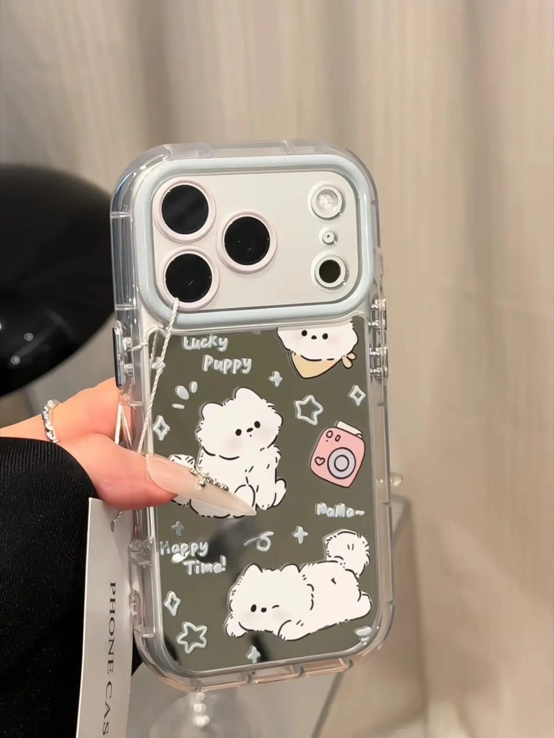 Korean Cartoon Cute Dog Polaroid Mirror Phone Case For iPhone 17 AIR 16 15 14 13 12 11 PRO MAX PLUS Anti Drop Dustproof Cover