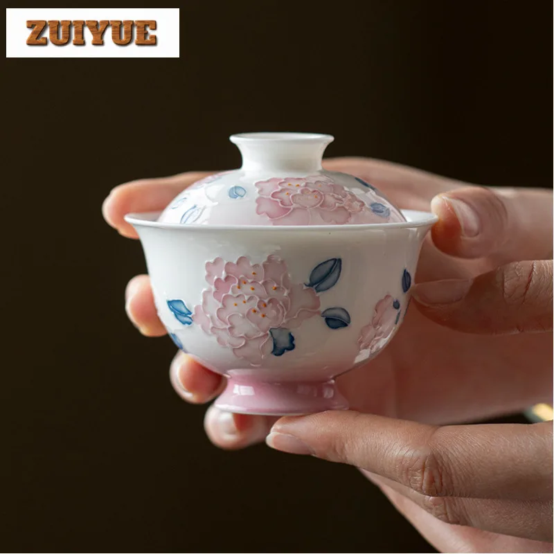

90 мл Ручная роспись пион с тонким корпусом Gaiwan Роскошная чайная вареница Чайная чаша с крышкой Набор чайник Крышка Чаша Коллекция чайной церемонии