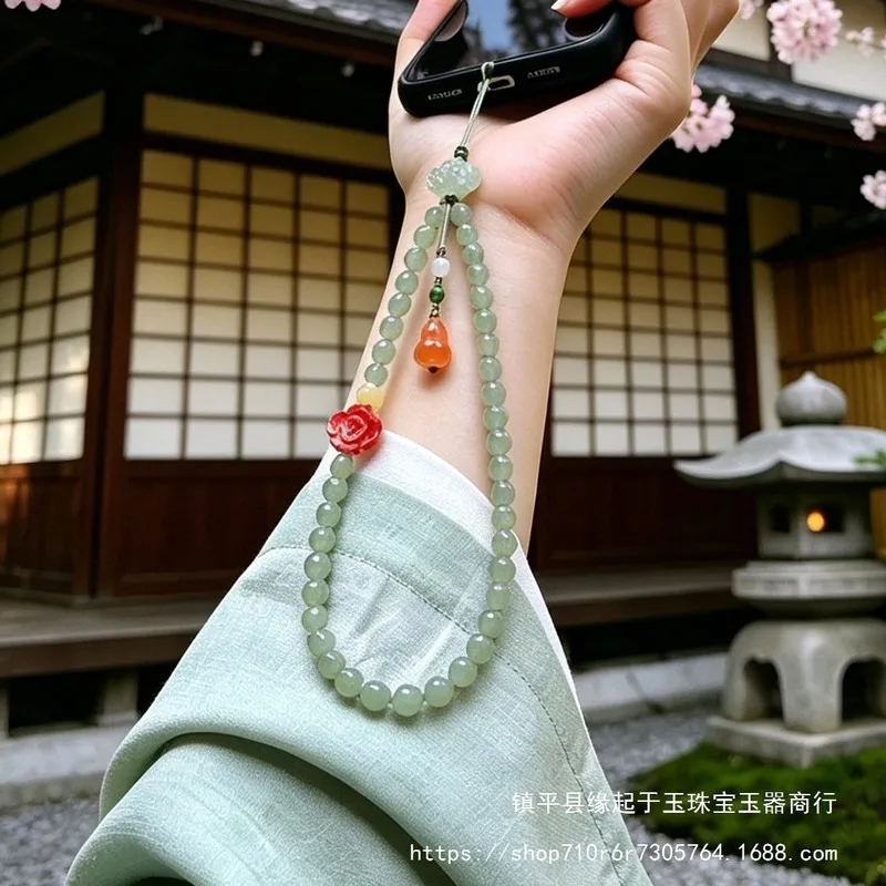 Natural Hetian Jade Qingshui Chain, Handmade New Style Ancient Beaded Mobile Phone Lanyard