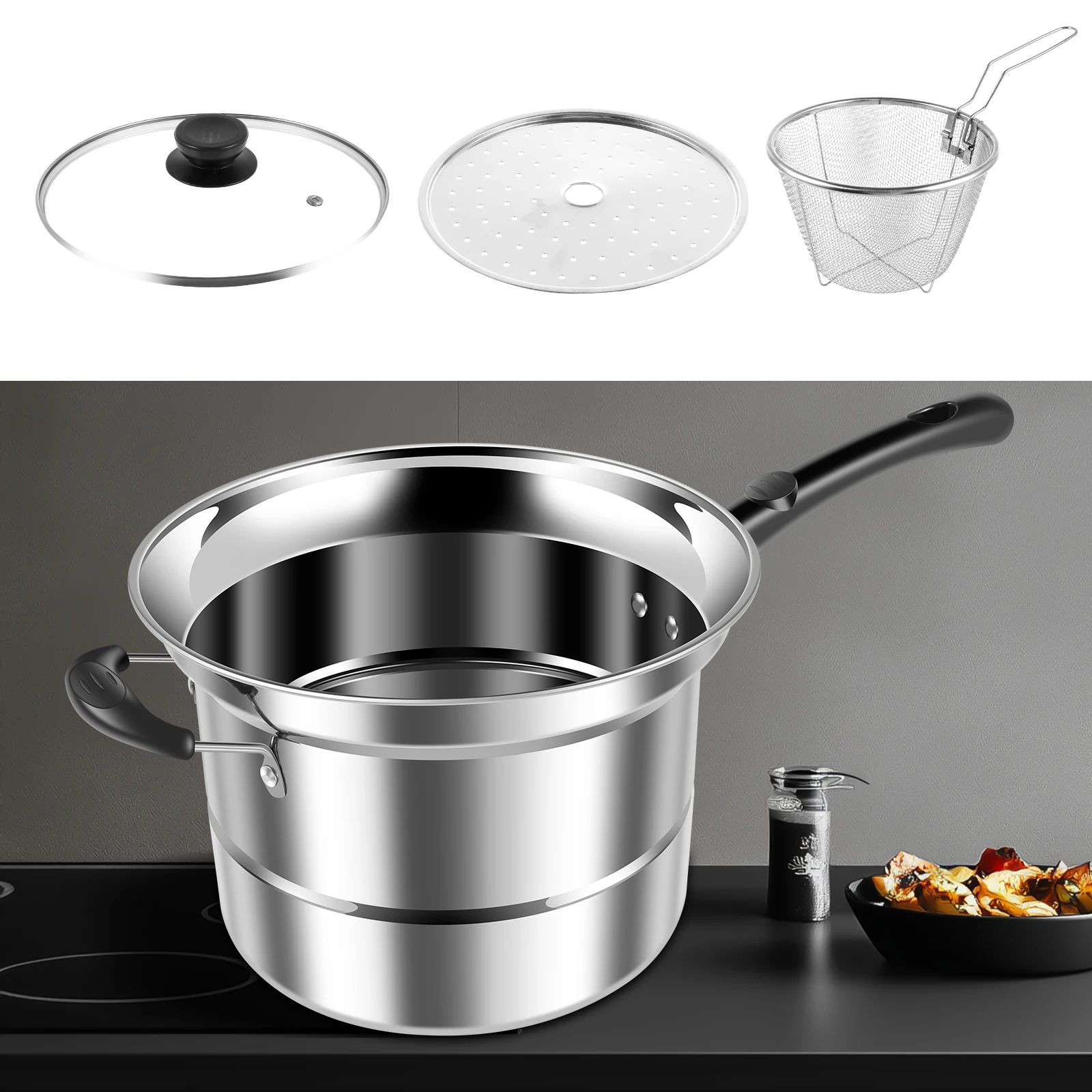 Stainless Steel Pot with Visible Lid and Handle Multifunctional Steamer Pot with Deep Fry Basket Practical Pasta Pot with