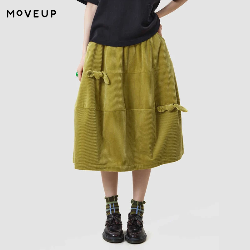 MOVEUP Women's Corduroy Midi Skirt 2026 Autumn Elastic Waist Side Pockets Solid Skirts Bow Decor Loose A‑Line Skirt 3ELQ10607
