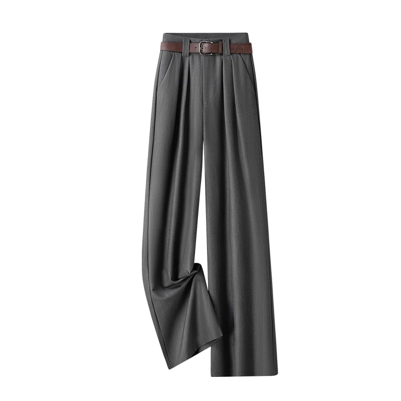 Office Lady Elegant Burgundy Suits Pants for Women High Waist Wide Leg Fashion Trousers with Pockets Black Gray