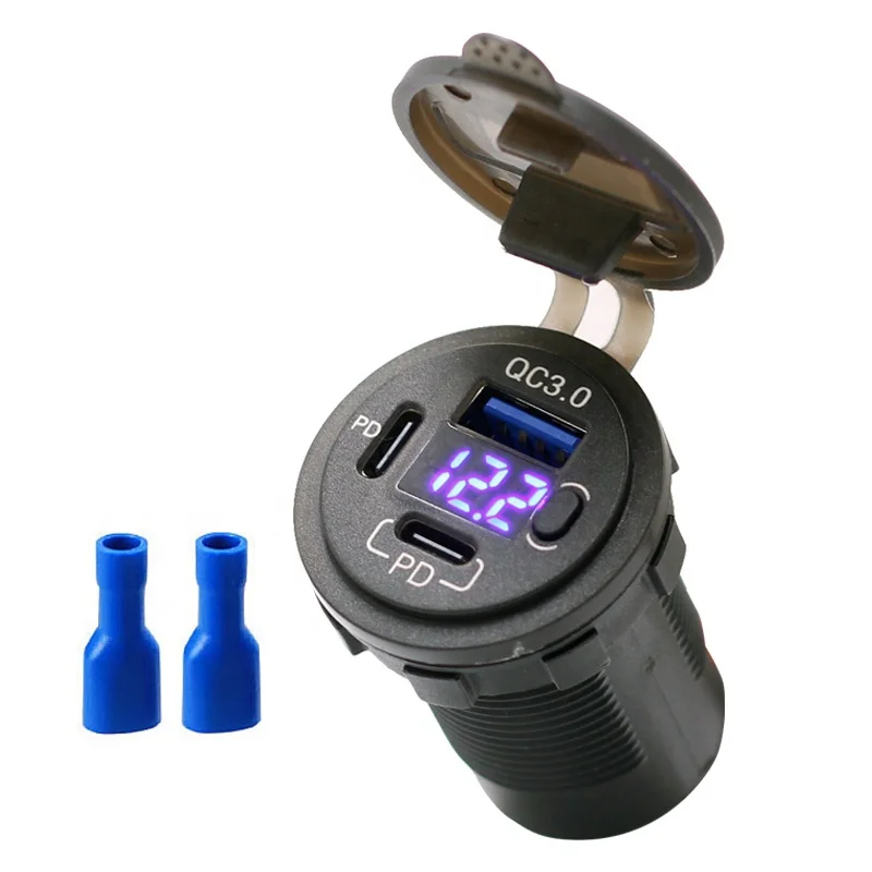 

Двойной зарядный USB-адаптер 18 Вт, 3,0 порта и 20 Вт PD, автомобильное зарядное USB-устройство, электрическая розетка с вольтметром и выключателем питания для автомобиля, лодки