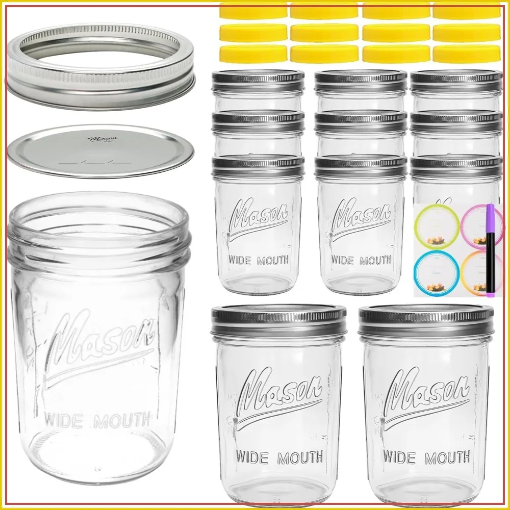 16 oz Wide Mouth Mason Jars Pack with Airtight Lids