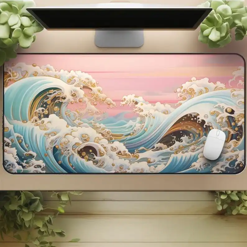 Ukiyo-e Wave Mouse Pad, Pink Sunset with Golden Accents, Stormy Sea Decoration,suitable As A Gaming Desk Mat for Computer Desks.