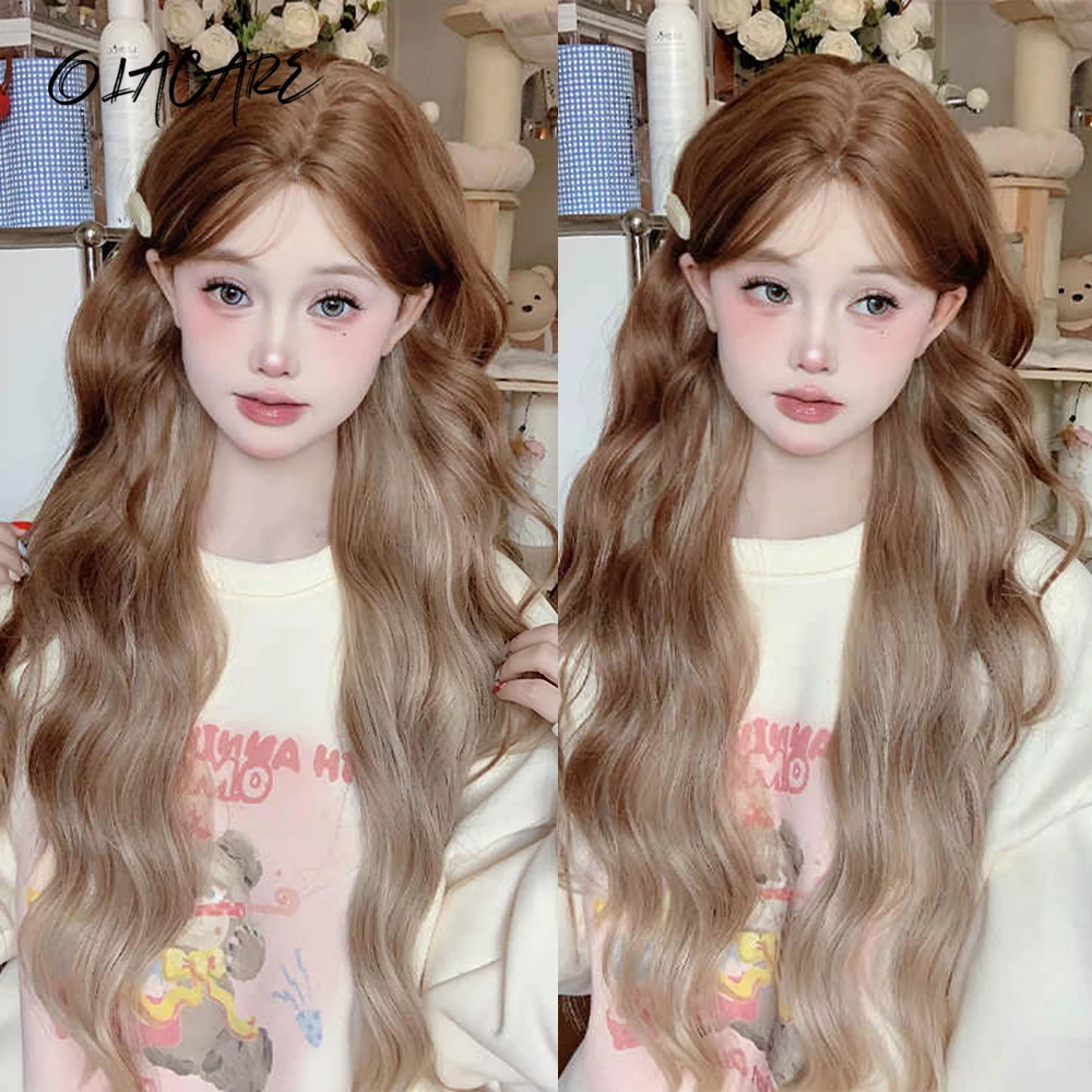 OLACARE Cosplay Wig Synthetic Long Curly Wavy Brown Blonde Ombre Wigs with Bangs for Women High Temperature Natural Fake Hair