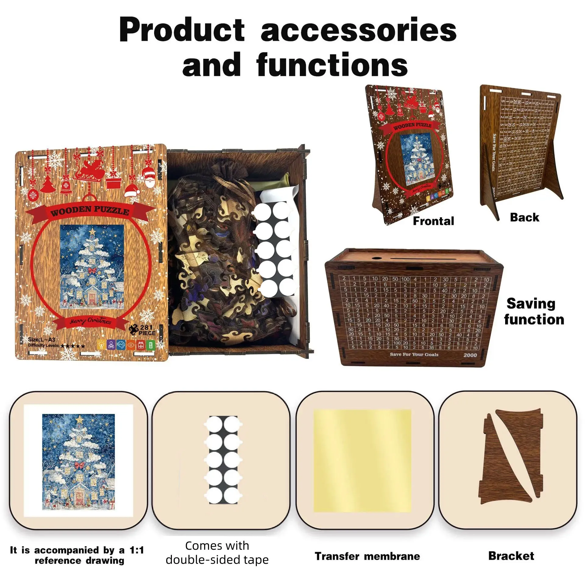 281pcs Christmas Tree Irregular Puzzle Pieces Wooden Jigsaw Puzzle Stress-Relief Game Birthday Xmas Gifts Piggy Bank Home Decor