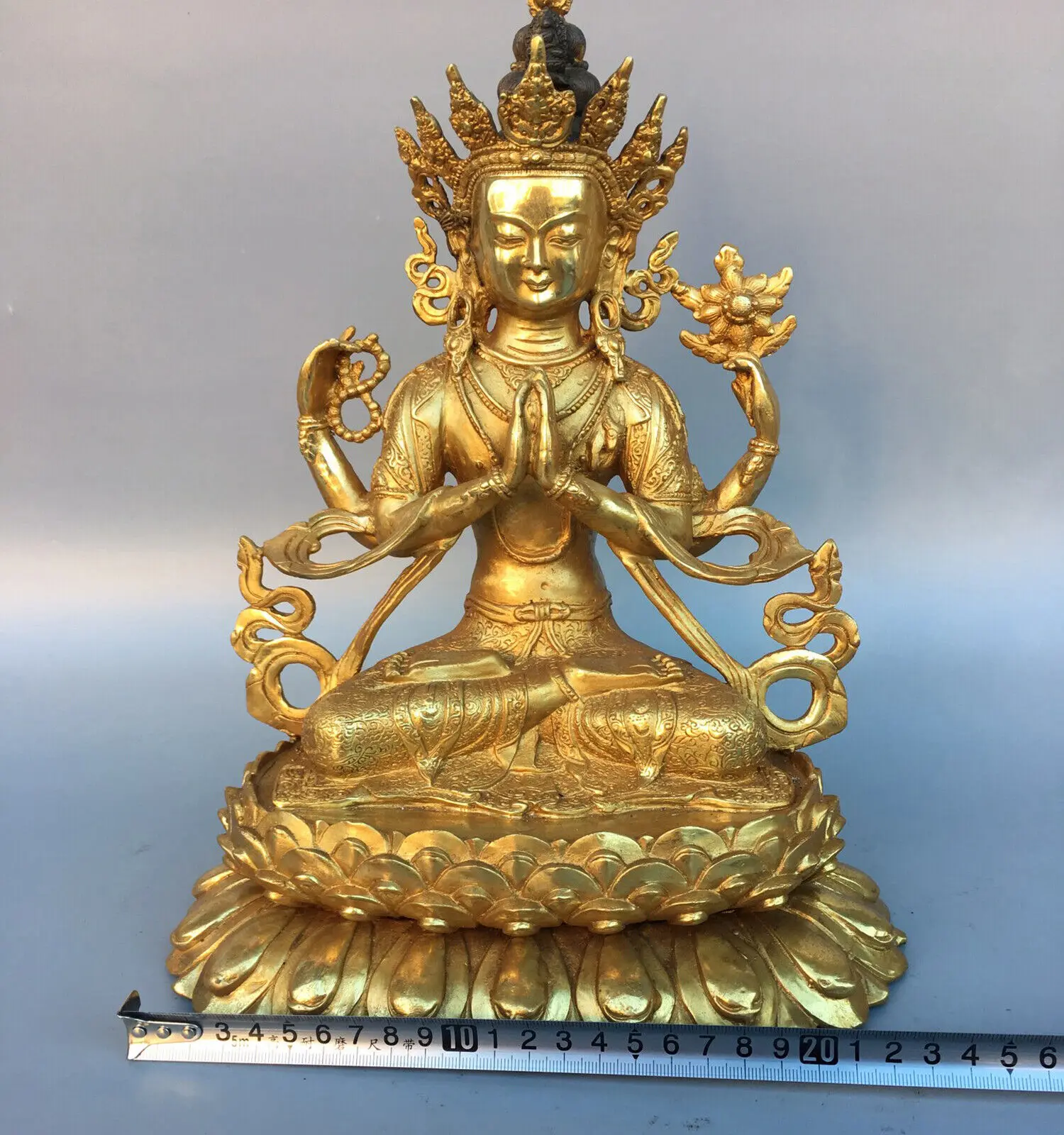 12inch Old Buddhism Bronze gilt 4 Arms Chenrezig Kwan-yin Guanyin Buddha Statue