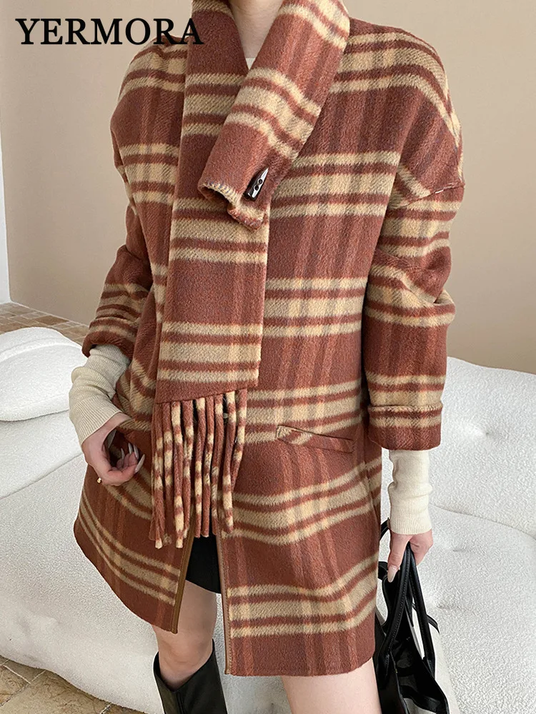 

YERMORA 2025 Новый оранжевый клетчатый шарф с кисточками, теплое шерстяное пальто для женщин, свободное новое пальто с длинными рукавами, модное пальто, осень-зима