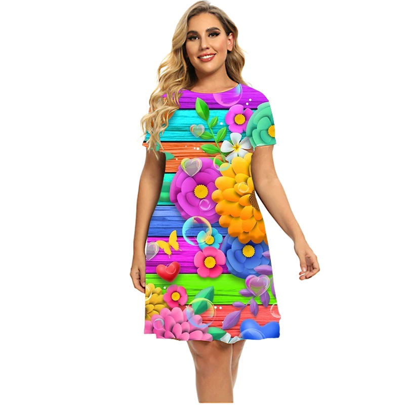 Flower Power Gradient Print Women Dress Elegant Sweet Casual Short Sleeve A-Line Dress Summer Fashion Ladies Plus Size Clothing