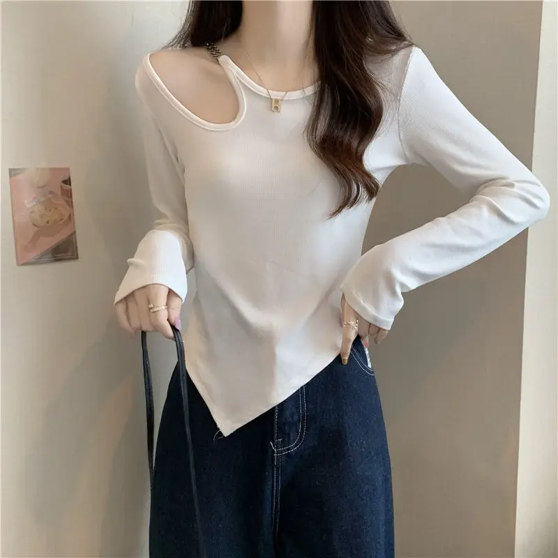 

Irregular Women's 2024 Autumn New Patchwork O-Neck Hollow Fashion Solid Color Slim Minimalist Casual Long Sleeved T-shirt Tops